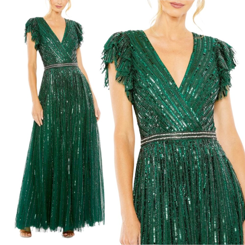 Mac Duggal 5502 Size 8 Emerald Green Sequined Ruffled Cap Sleeve Gown Maxi Dress